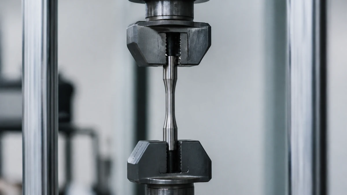 Éprouvette d’acier allié serrée entre les mors d’une machine d’essai de traction en laboratoire