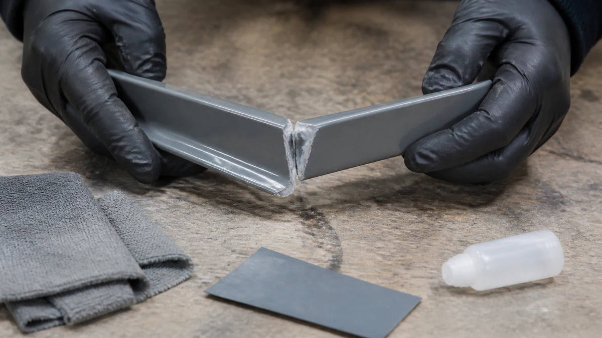 Deux morceaux de plastique gris désolidarisés sur un établi, cordon de colle durci et blanchi