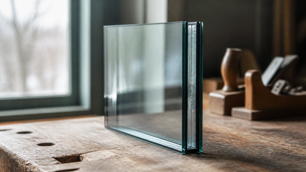 Tranche d’un double vitrage isolant sur un établi, verre à faible émissivité au reflet vert bleuté