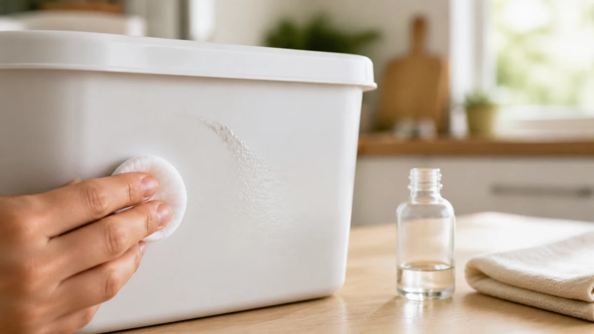 Coton imbibé essuyant une trace de marqueur sur la paroi d’une boîte de rangement en plastique