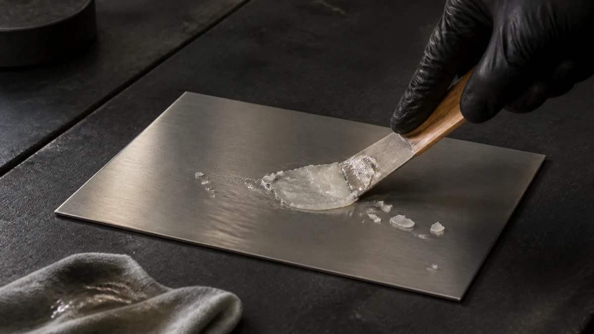 Spatule en bois grattant une coulée de plastique fondu figée sur une plaque d’acier inoxydable