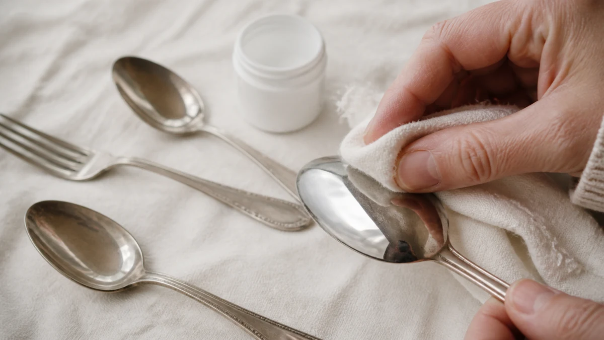 Couverts en métal argenté sur une nappe crème, chiffon lustrant le dos d’une cuillère redevenue miroir