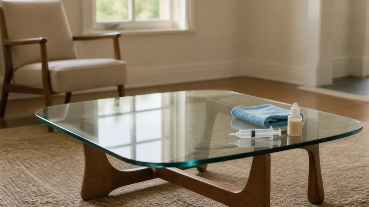 Table basse à plateau de verre remis en état dans un salon sobre, seringue de résine sur un coin
