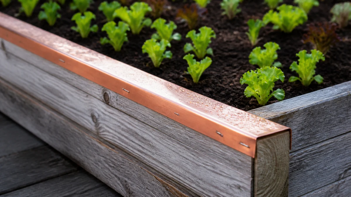 Bande de cuivre agrafée sur le rebord d’un bac potager en bois, jeunes salades dans la terre