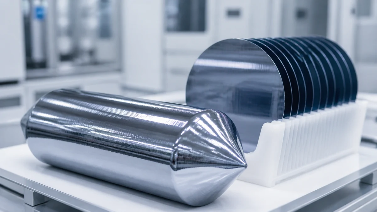Lingot de silicium monocristallin poli et galettes rondes dressées dans une nacelle de salle blanche