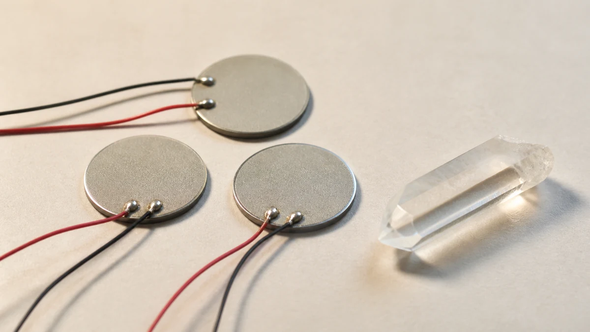 Disques de céramique piézoélectrique à faces métallisées et lame de quartz taillée sur fond crème