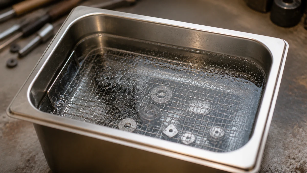 Pièces métalliques immergées dans un bac de nettoyage à ultrasons en inox, voile de fines bulles