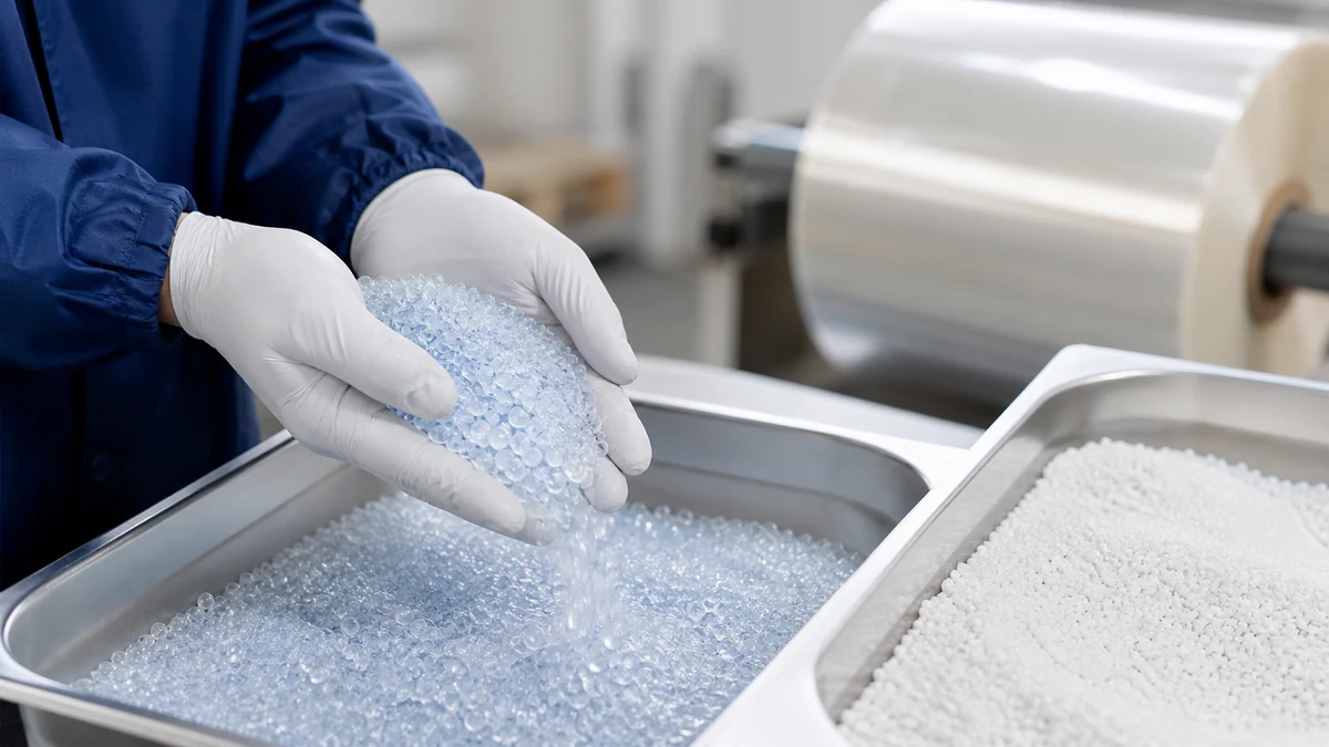 Granulés de plastique translucides coulant entre des doigts gantés au-dessus d’un bac en inox