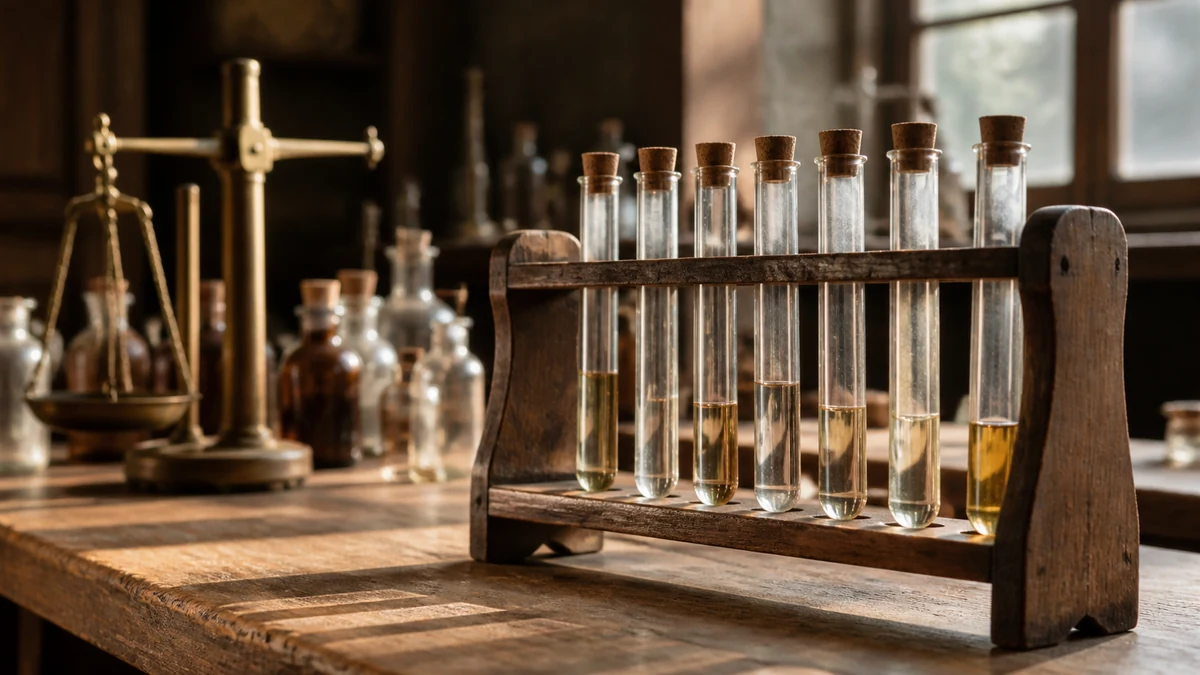 Tubes à essai en verre soufflé bouchés de liège dans un portoir en bois, sur un établi patiné