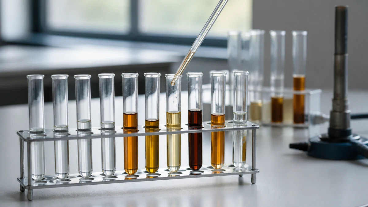Tubes à essai en verre borosilicate dans un portoir métallique, pipette graduée inclinée au-dessus