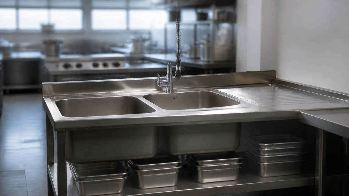Plonge en inox à deux bacs profonds avec égouttoir nervuré et mitigeur, en cuisine professionnelle