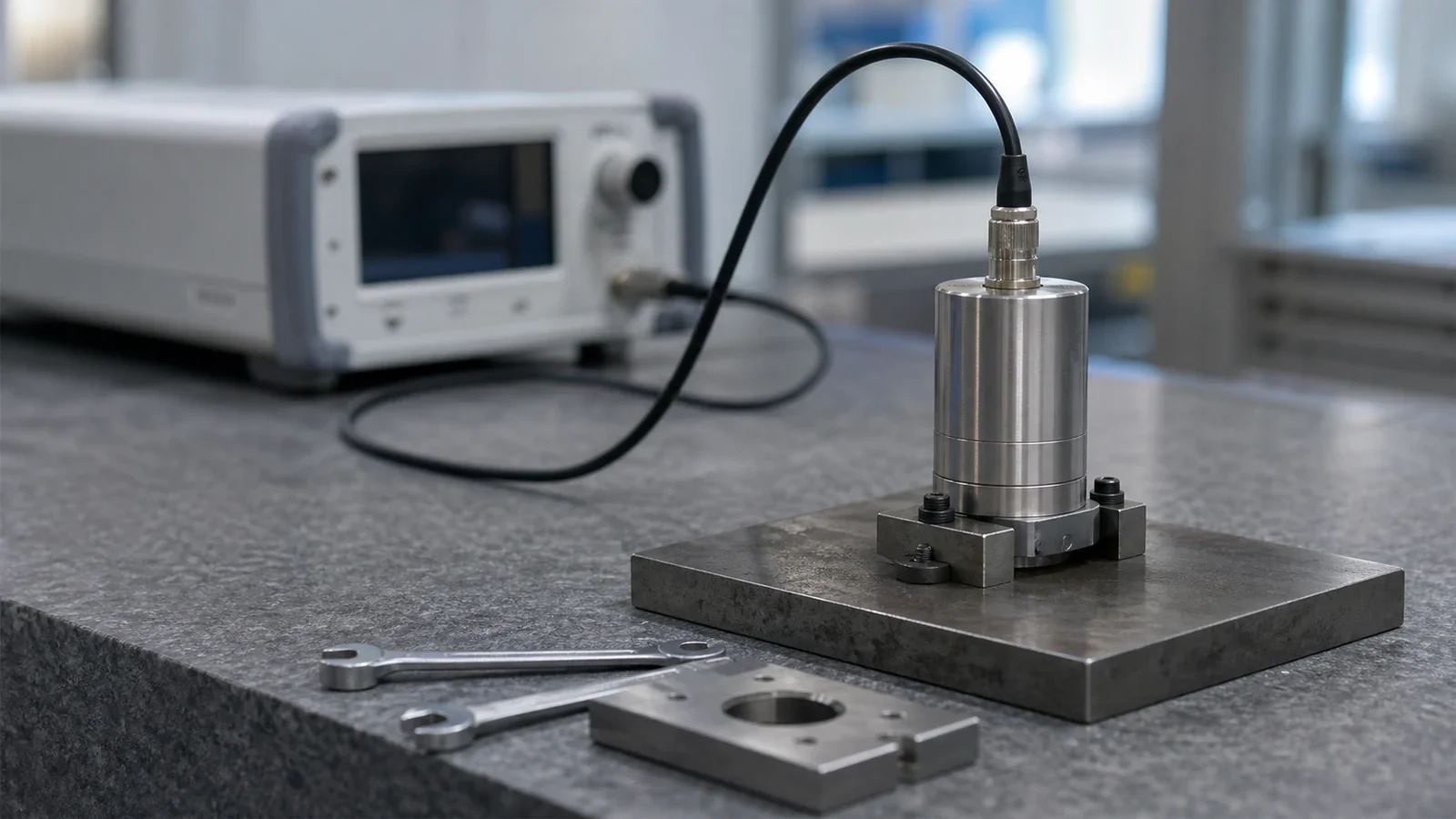 Transducteur ultrasonore à empilement de céramiques piézoélectriques bridé sur un banc d’essai